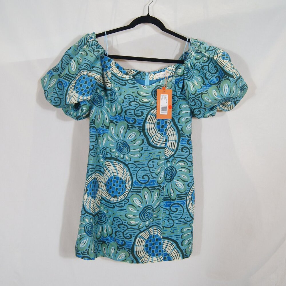 NWT Rhode Blue Green Abstract Print Off Shoulder Top Puff Sleeves